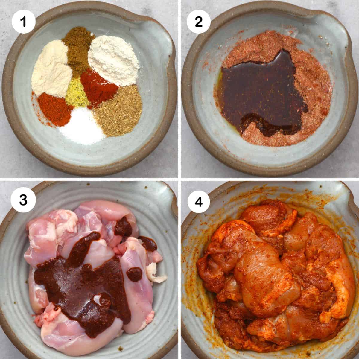 Steps for covering chicken thighs with taco spices