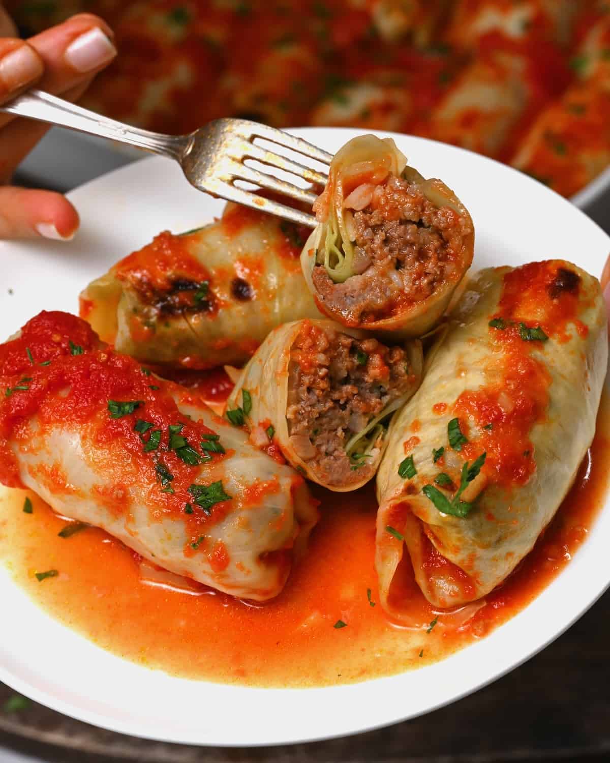Stuffed cabbage roll cut into two