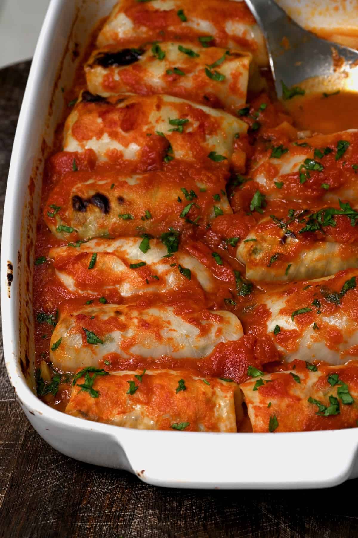 A baking dish with stuffed cabbage rolls