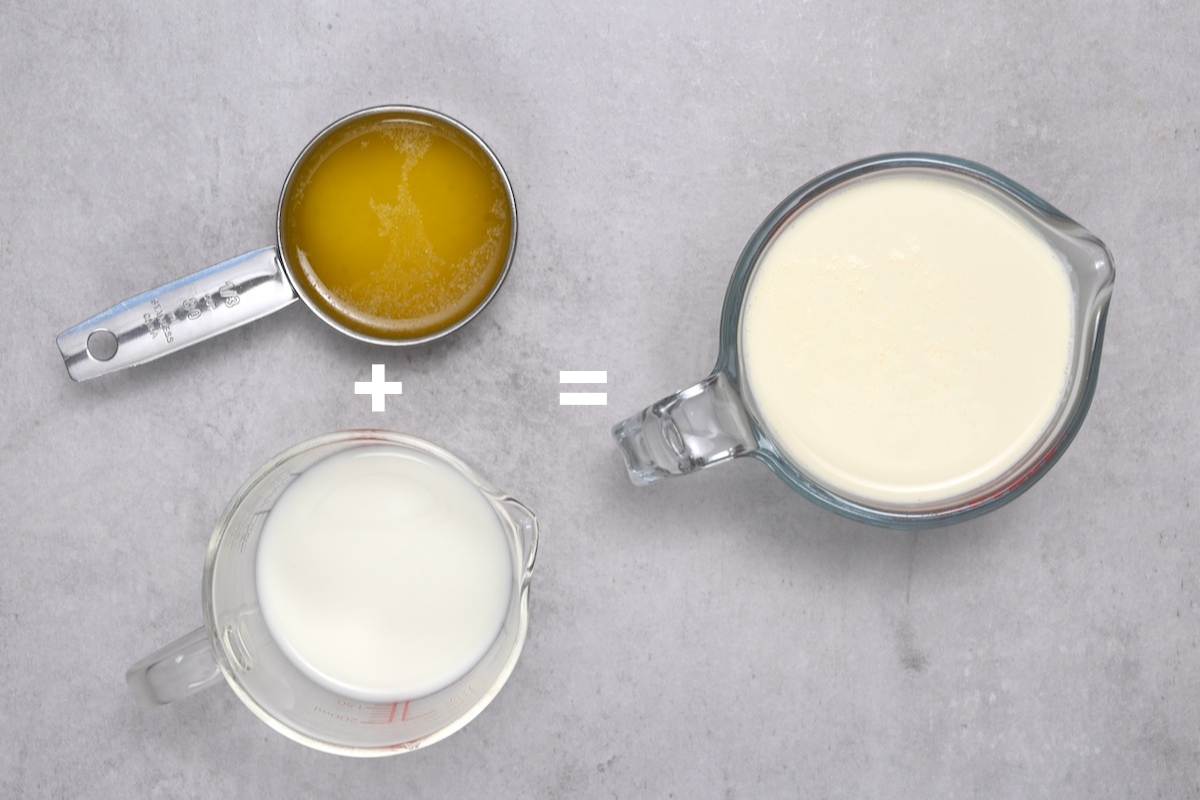 milk and melted Butter next to heavy cream