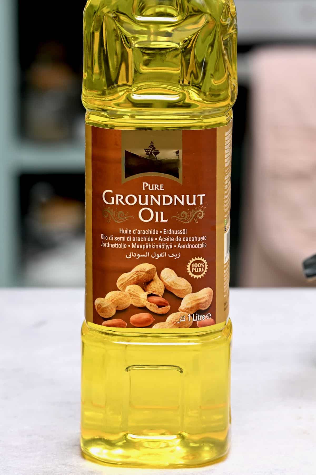 side view of peanut oil in a bottle