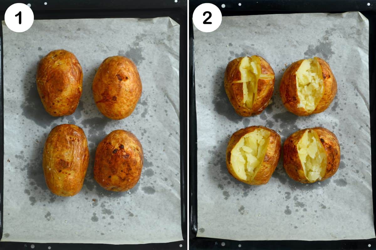 Baked potatoes on a lined tray, cut in the middle.