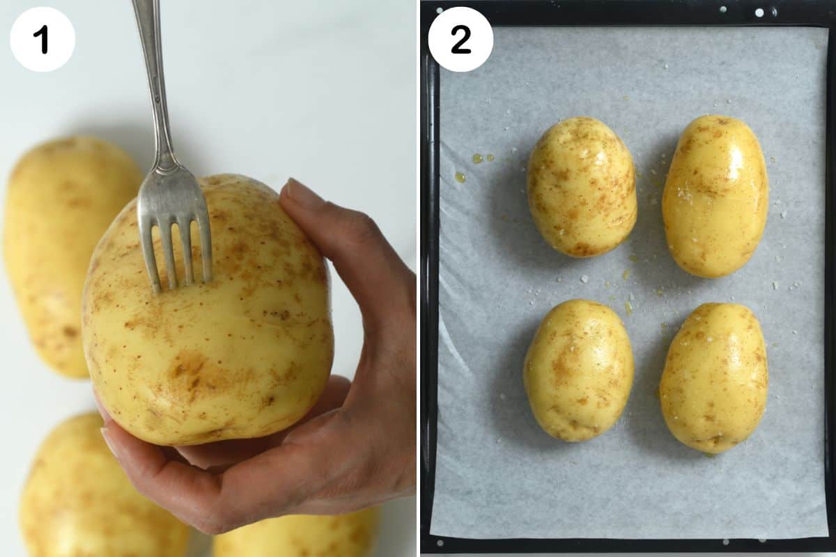 Poking potatoes, placing on a lined baking tray, and seasoning.