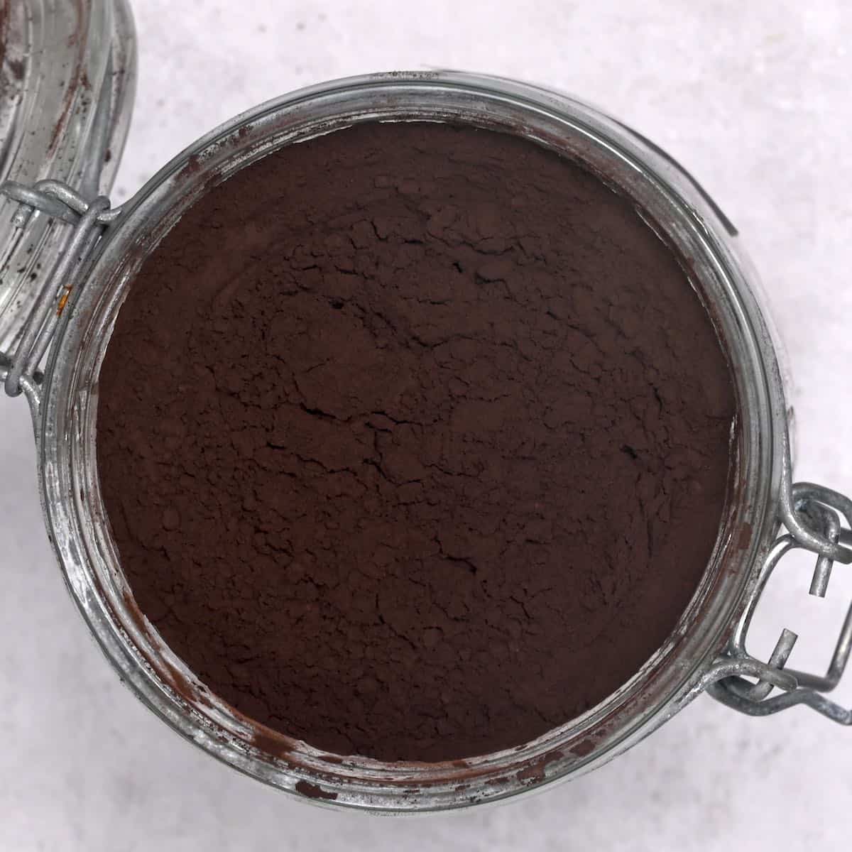 top view of black cocoa powder dutch processed chocolate
