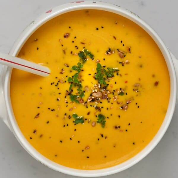A big bowl with homemade roasted butternut squash soup