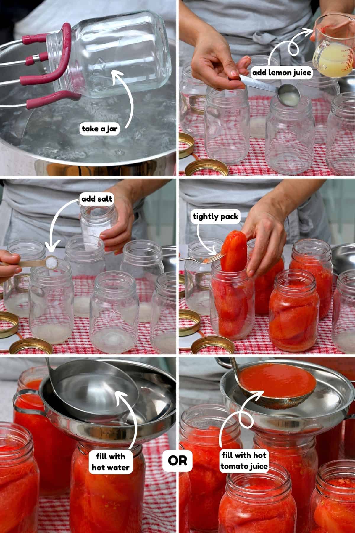 Steps for packing tomatoes into jars