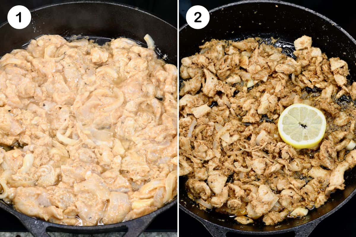 Before and after pan frying chicken