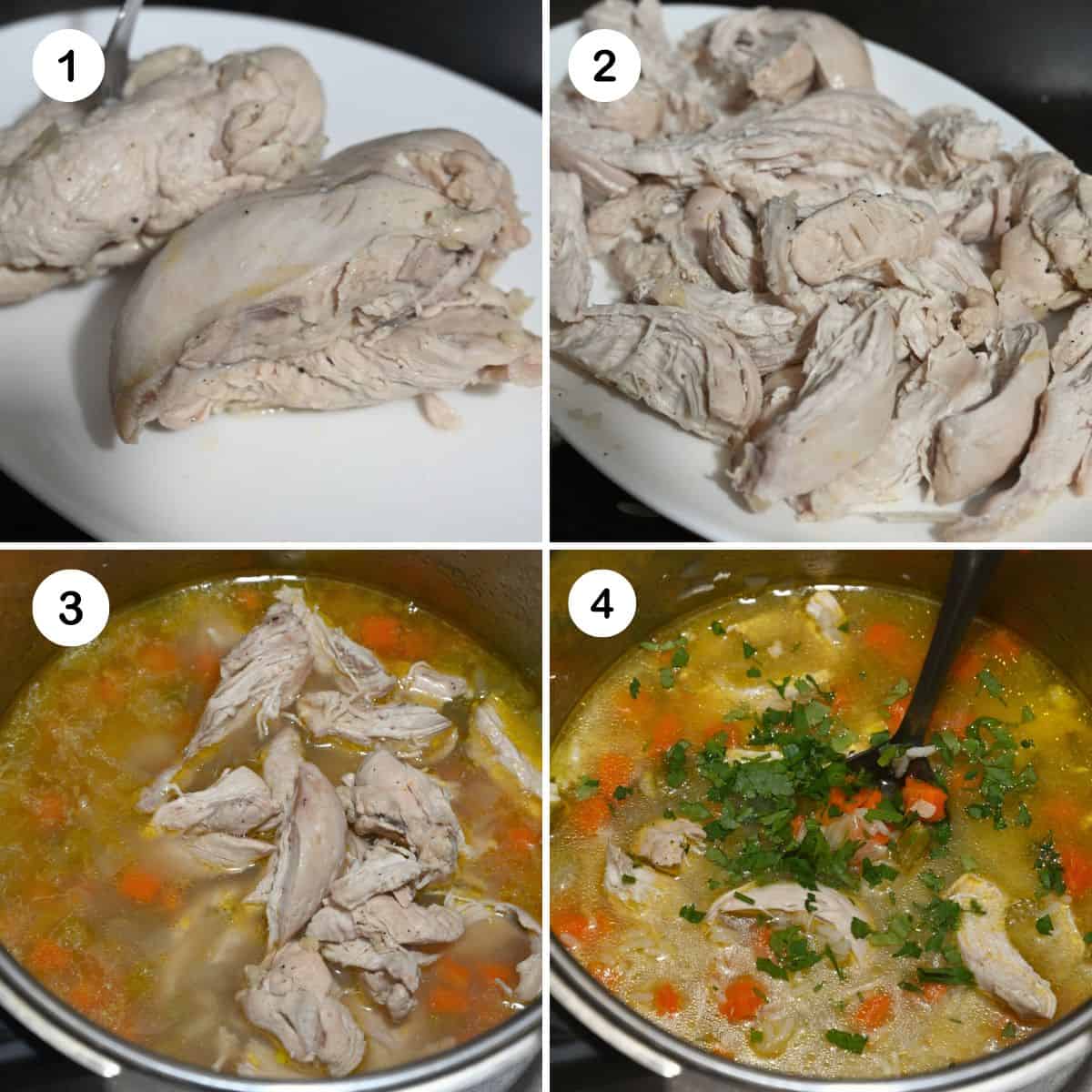 Steps for shredding chicken and adding it to soup