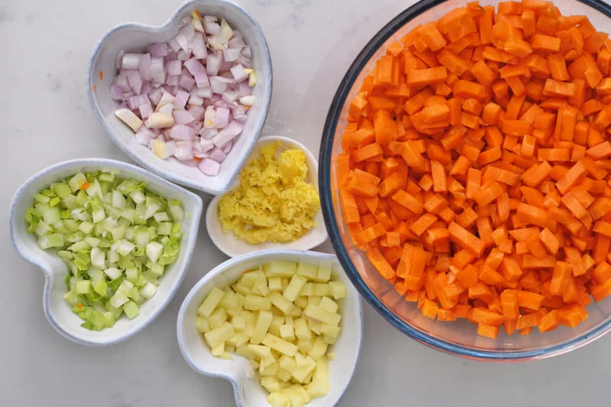 Chopped ingredients for carrot soup