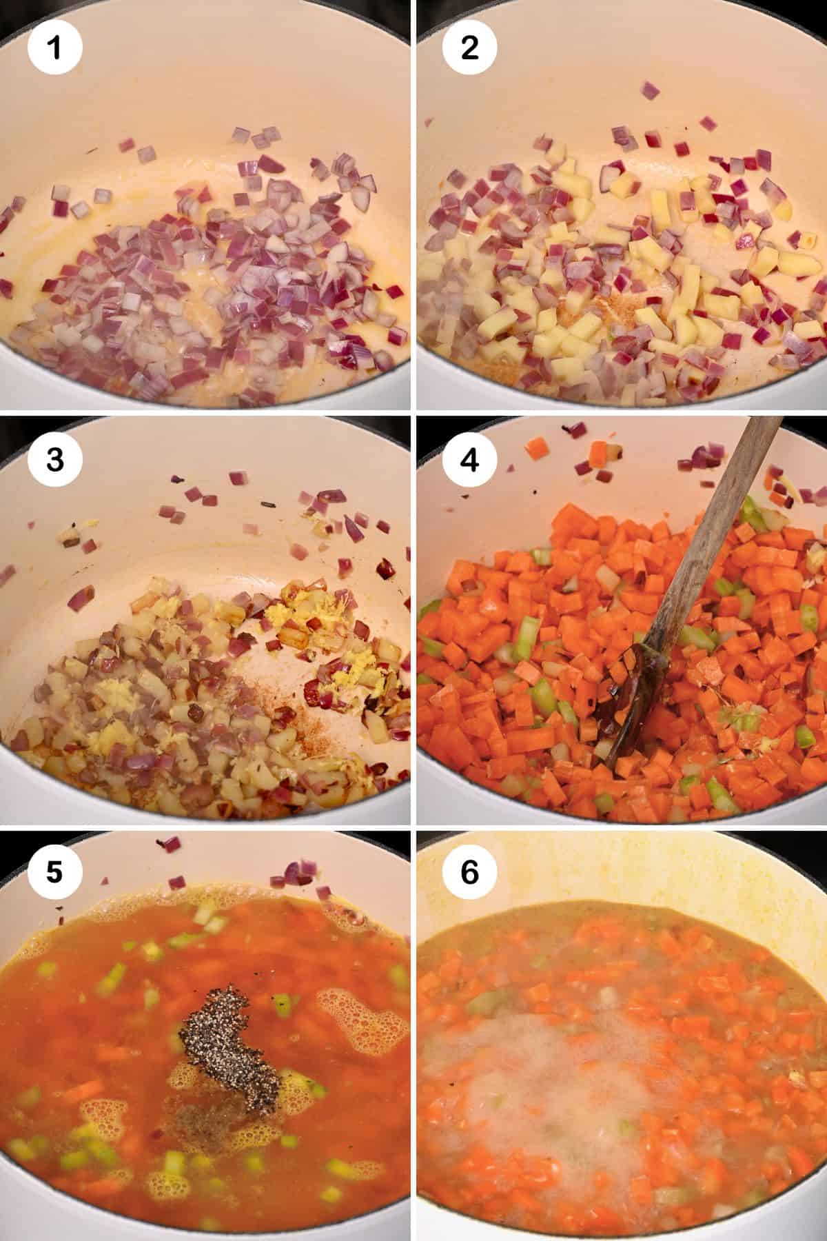 Steps for making soup with onions potato and carrots
