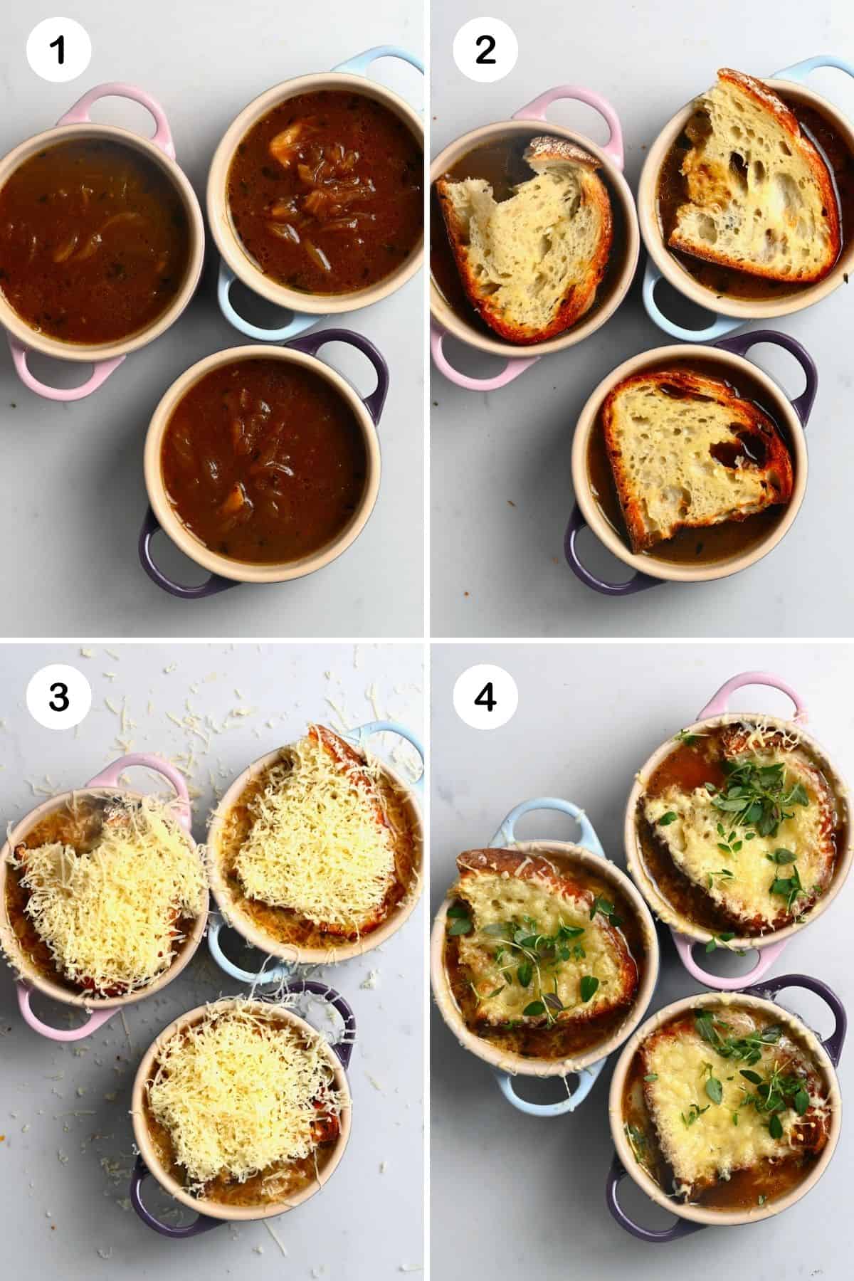 Steps for adding cheesy bread topping to onion soup