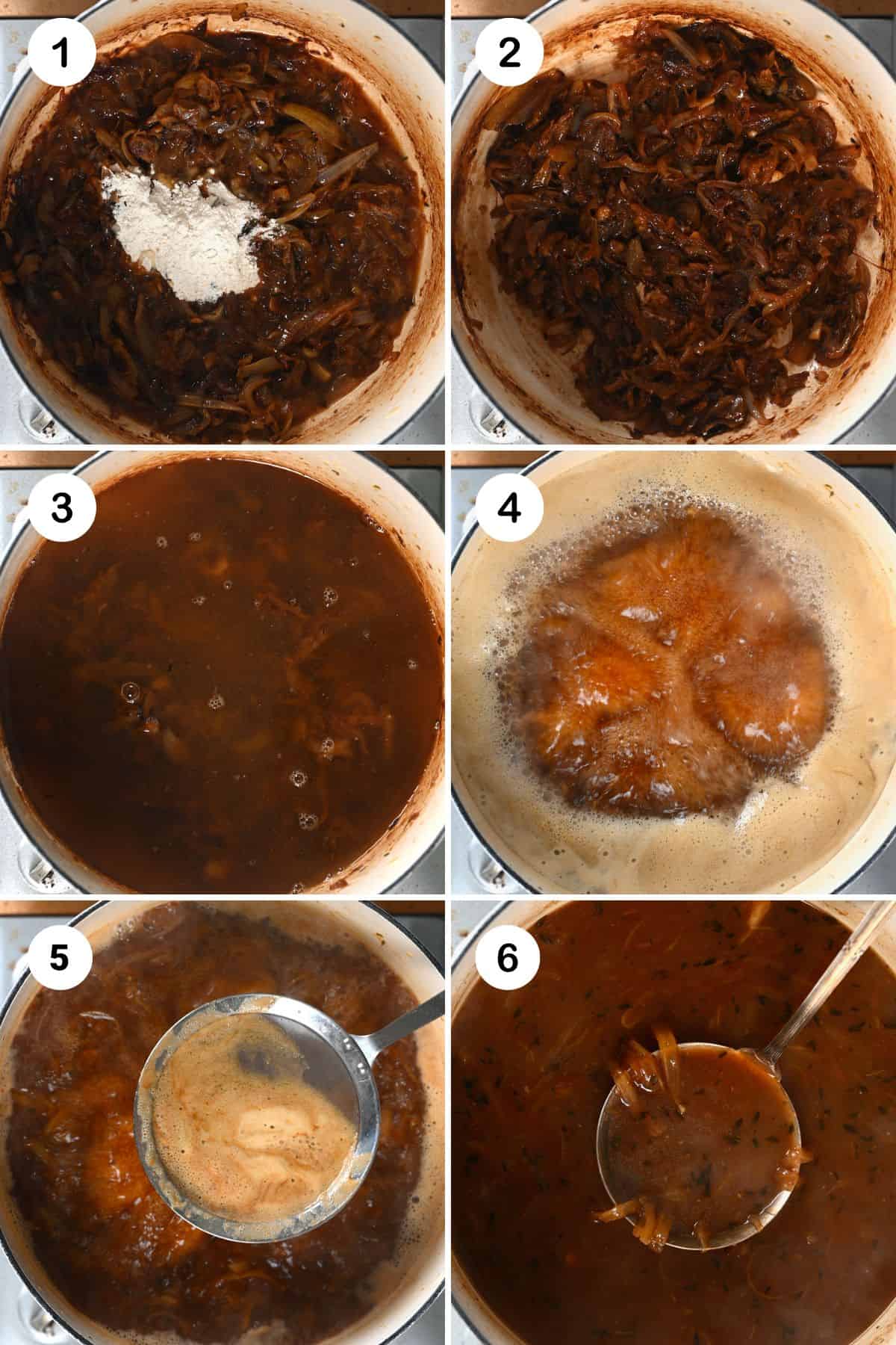 Steps for simmering French onion soup