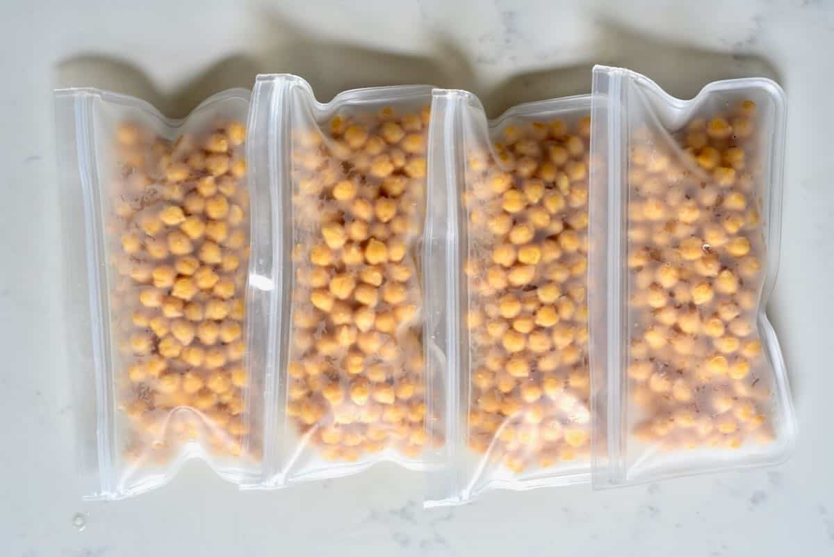 Cooked chickpeas stored in freezer bags.