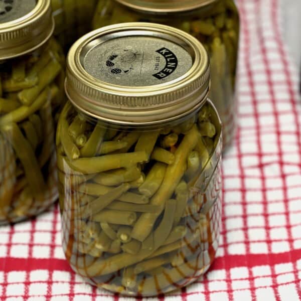 A jar with green beans canned at home