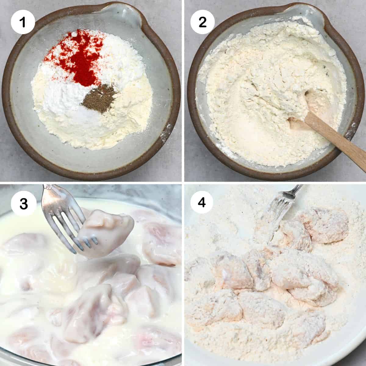 Steps for coating marinated chicken pieces