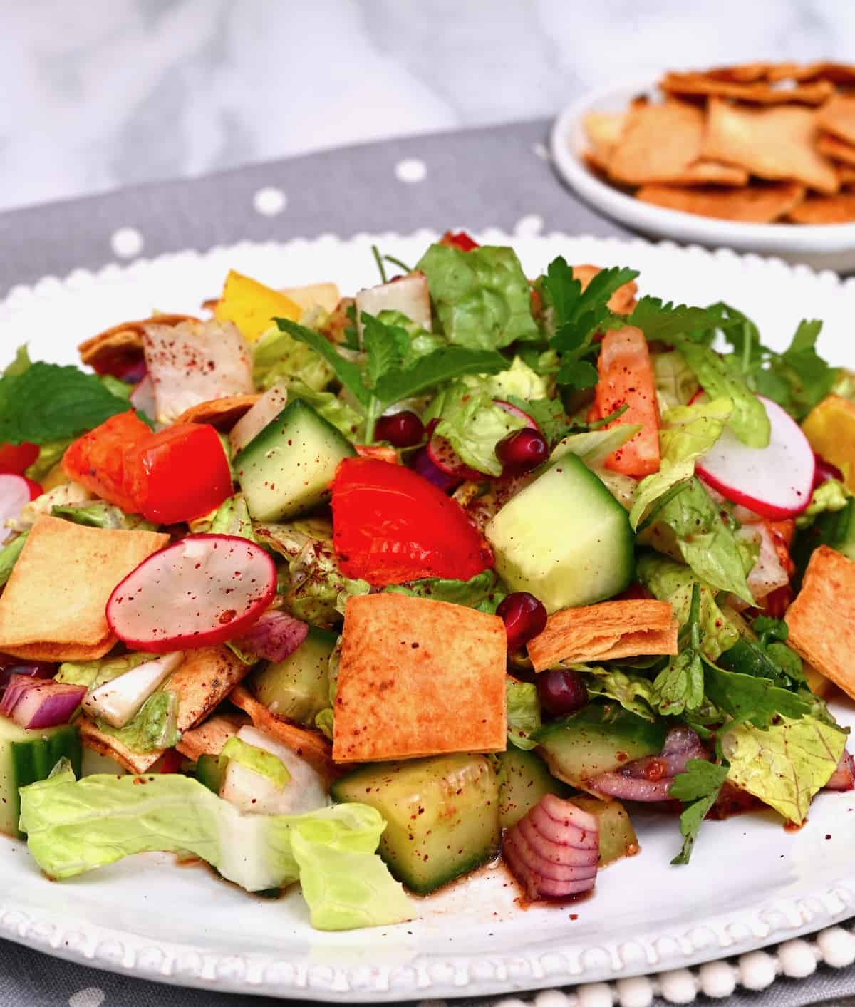 A serving of Lebanese fattoush salad topped with mint