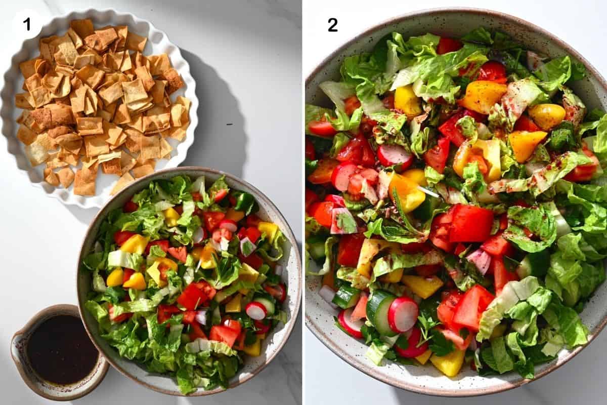 Steps for assembling fattoush salad