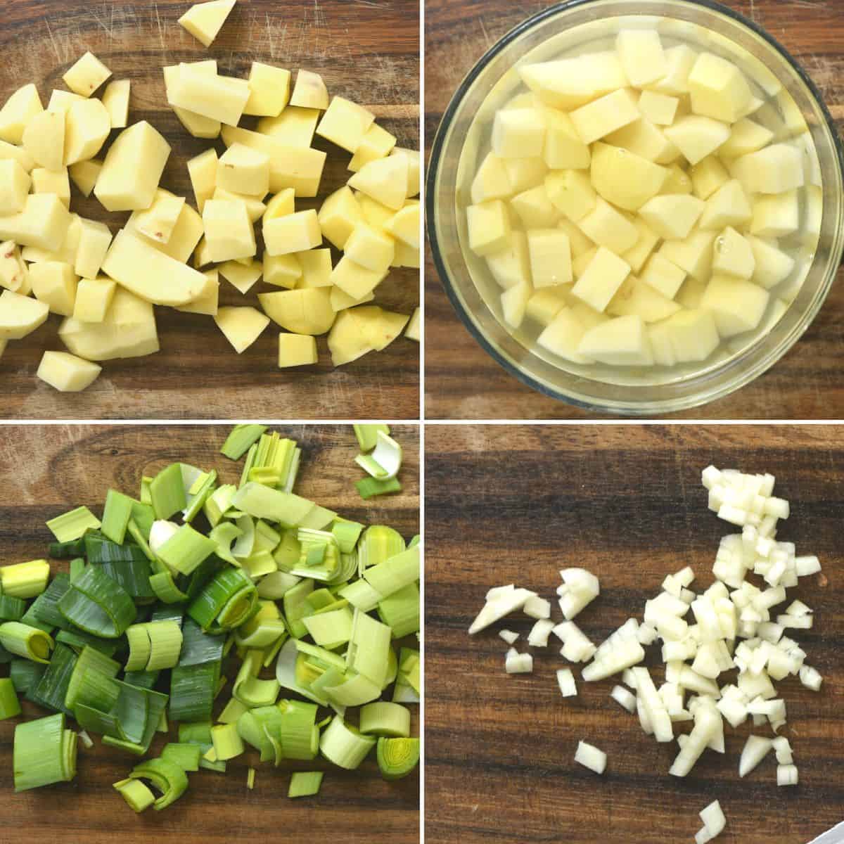 Chopped potatoes, leek and minced garlic