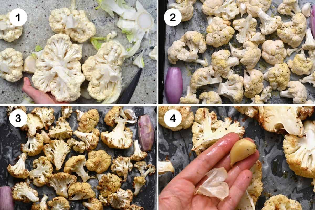 Steps for cutting and roasting cauliflower