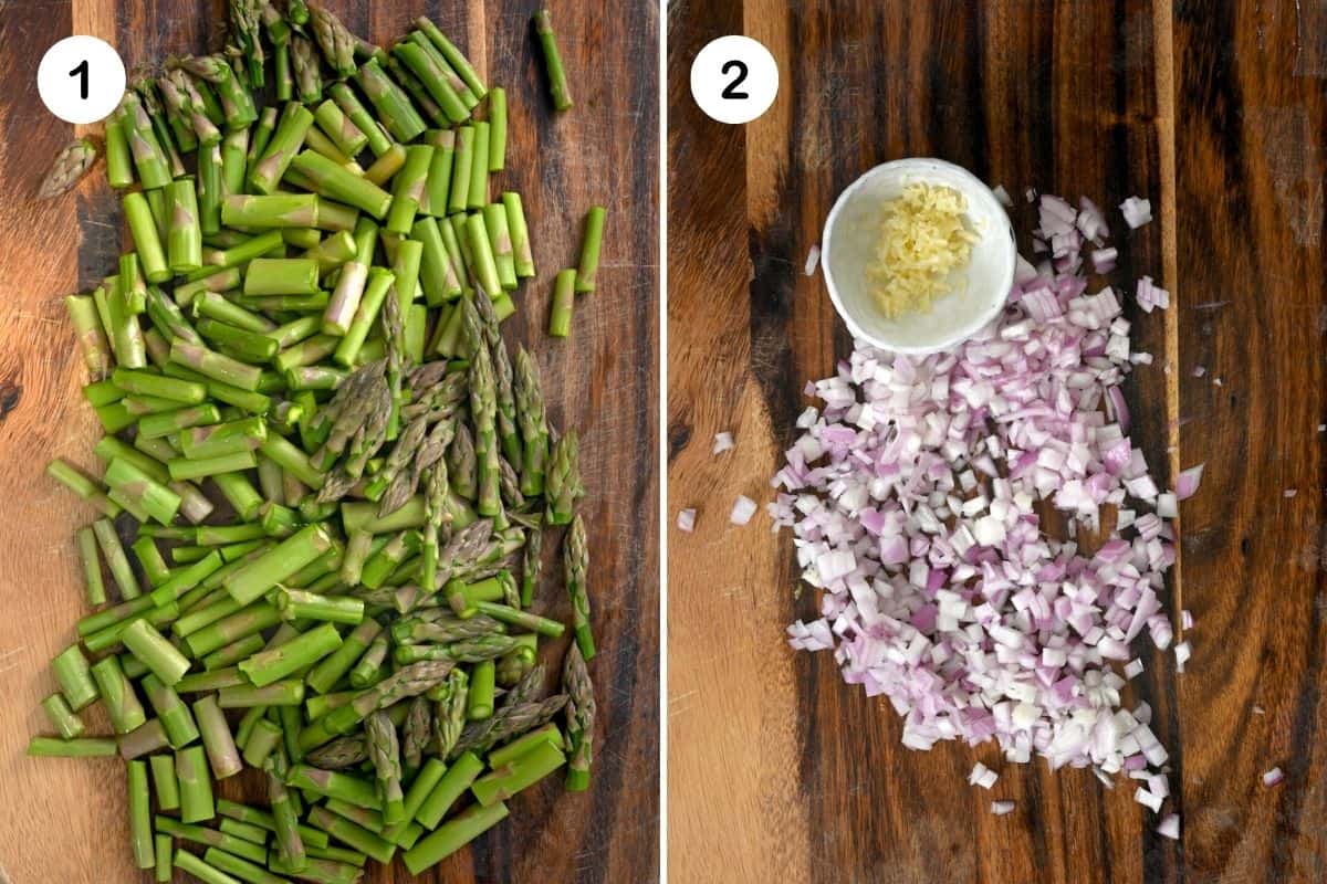 Steps for chopping asparagus and onion
