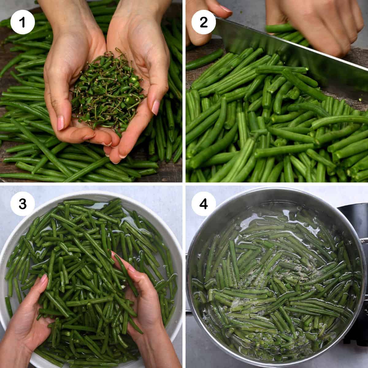 Steps showing how to trim, cut, wash, and coil green beans