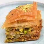 A piece of homemade baklava served on a plate