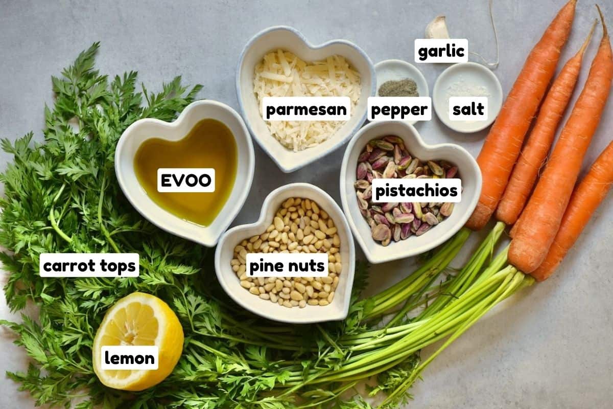 Ingredients for carrot top pesto