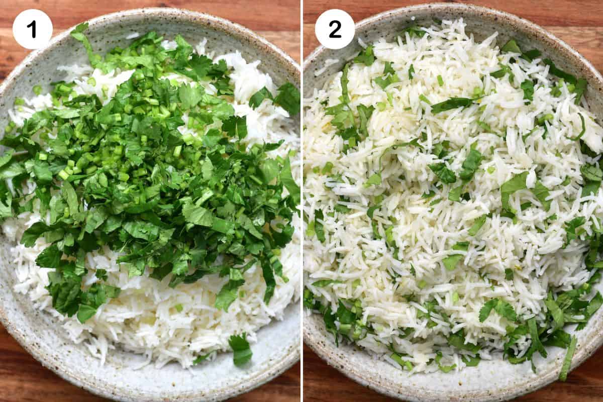 Steps for mixing cilantro into rice