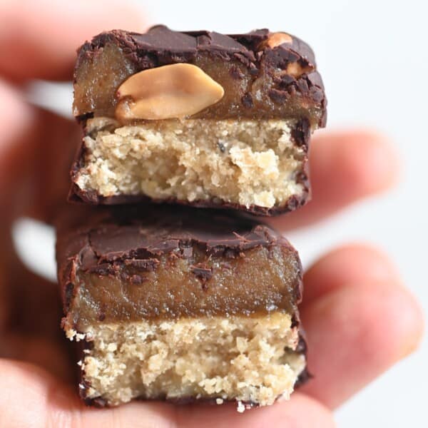 Homemade date snickers cut in two