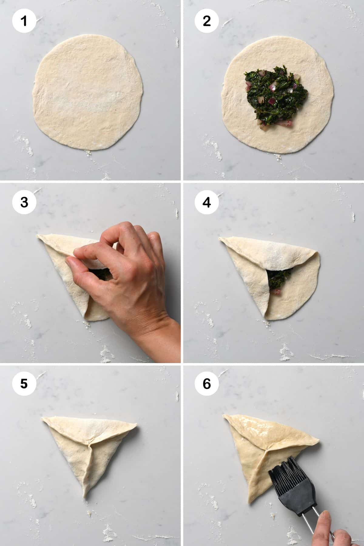 Steps for shaping Lebanese spinach pies