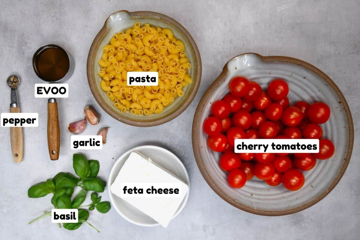Ingredients for feta pasta with cherry tomatoes
