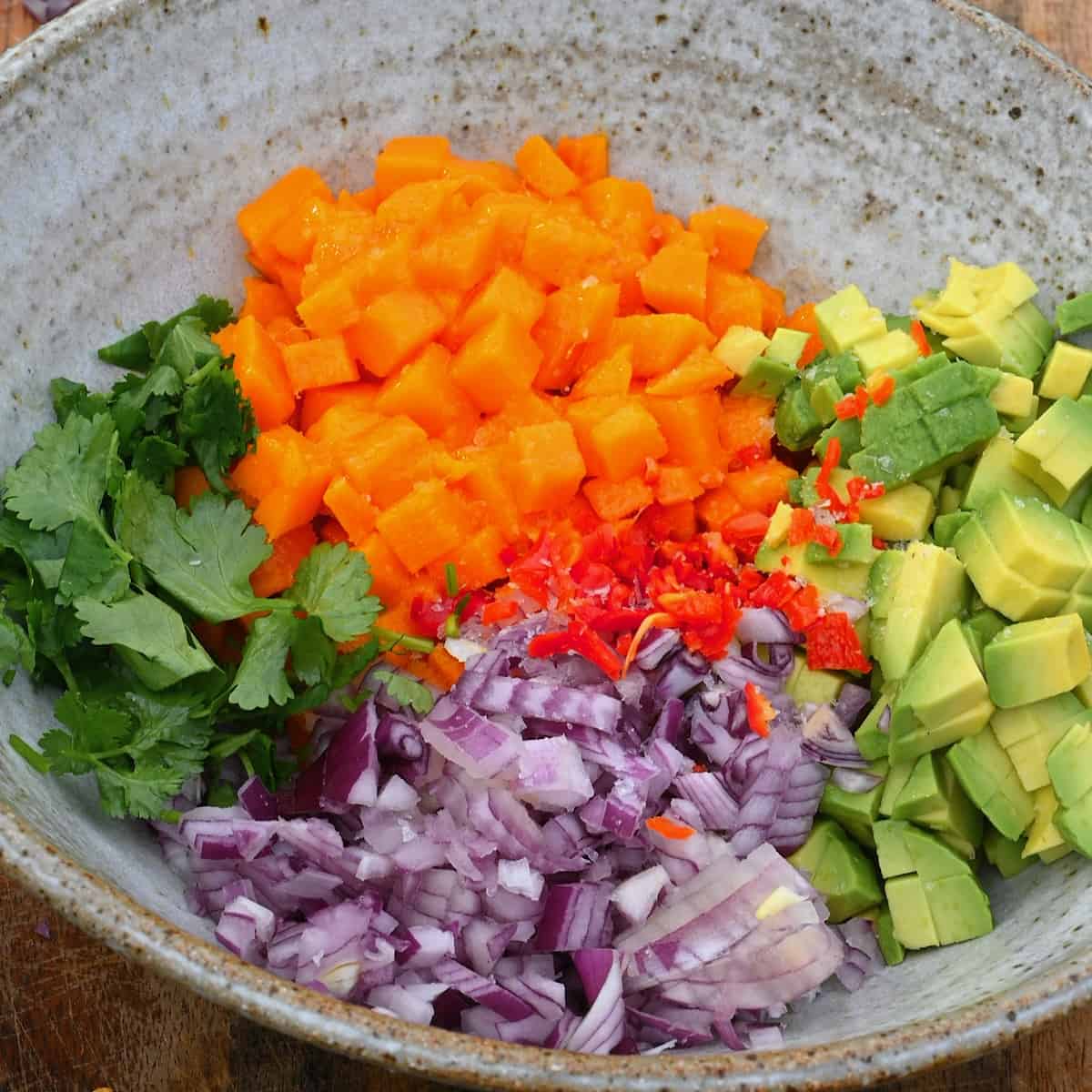 A bowl with chopped ingredients for salsa