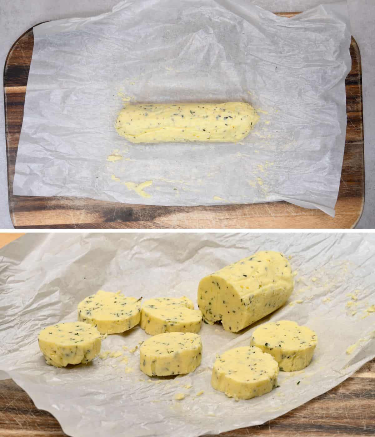 Steps for cutting the refrigerated garlic herb butter