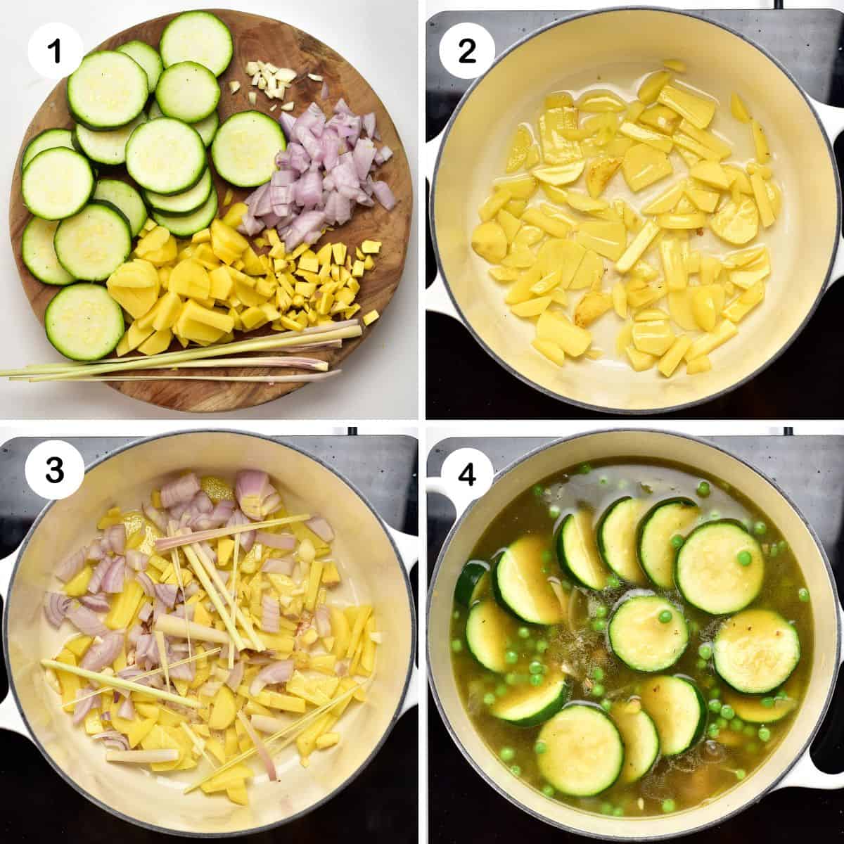 Steps for sautéing and simmering vegetables