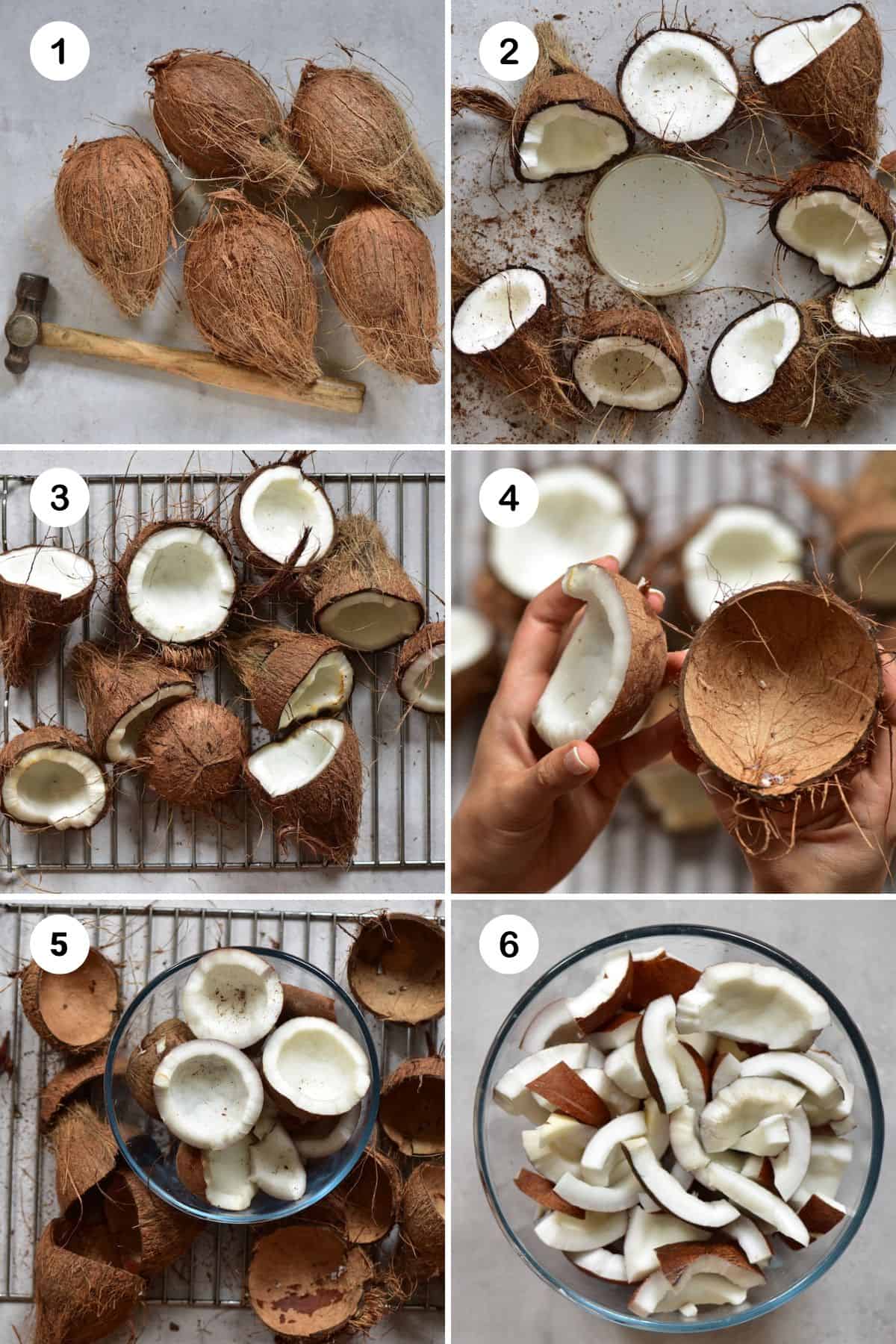 Steps for opening coconuts and removing the flesh from the shell