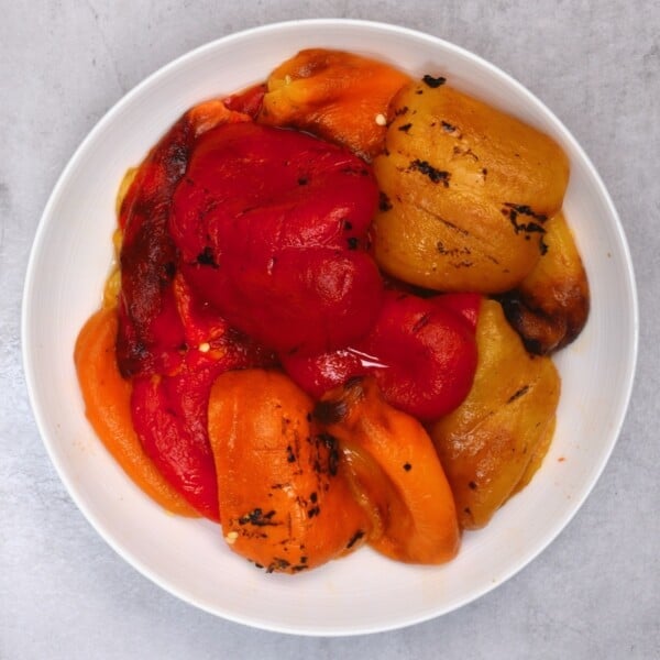 Roasted bell peppers in a bowl
