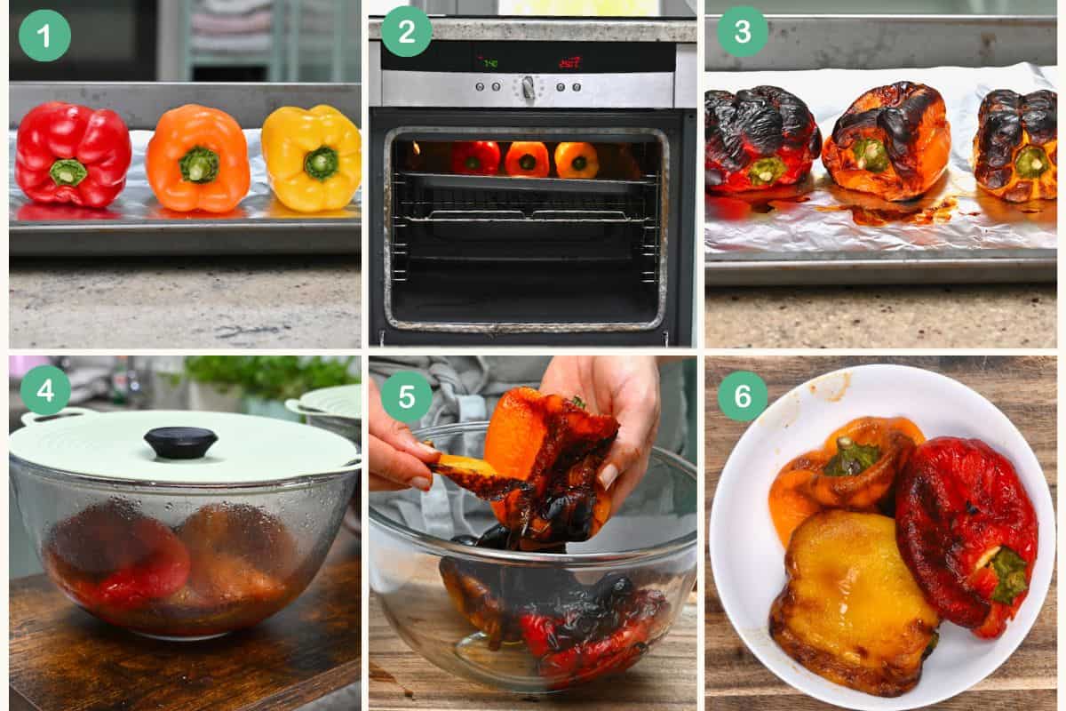 Steps for broiling peppers in the oven and then peeling them