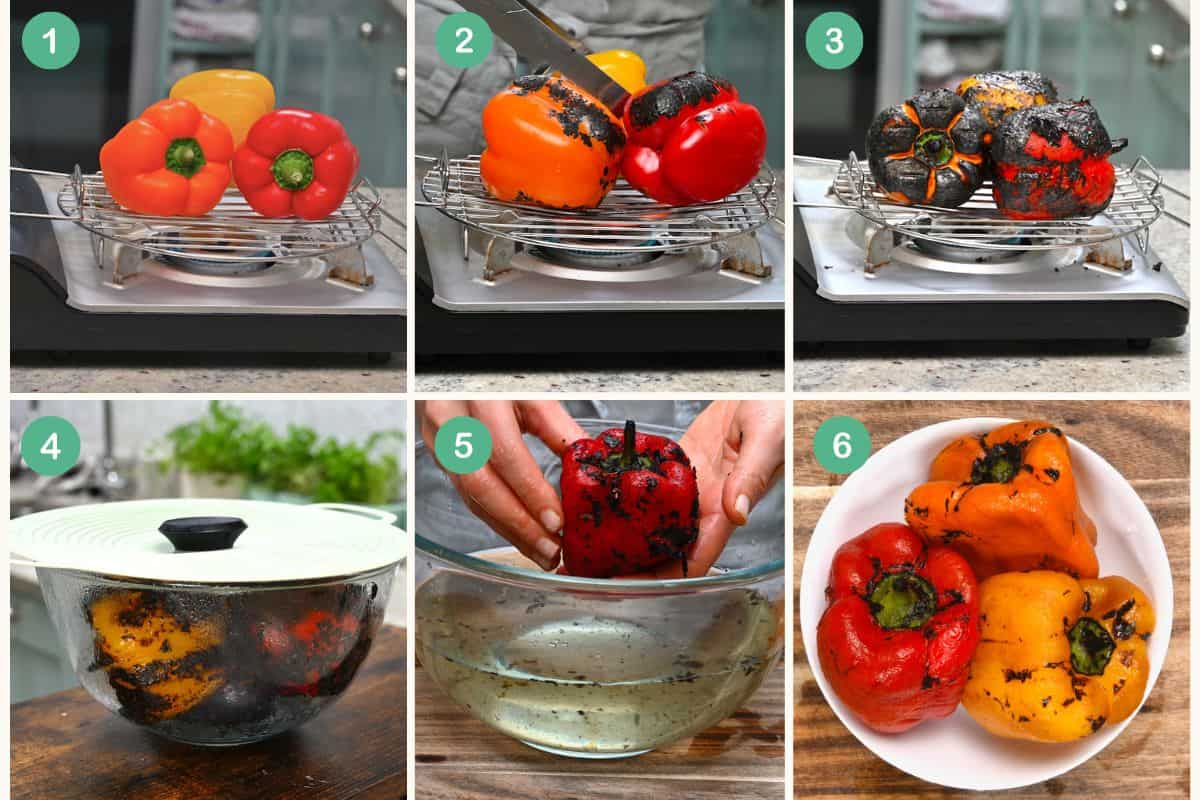 Steps for charring peppers and then peeling them