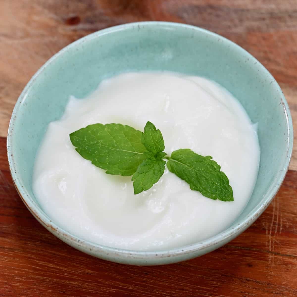 A small bowl with garlic sauce topped with a mint leaf