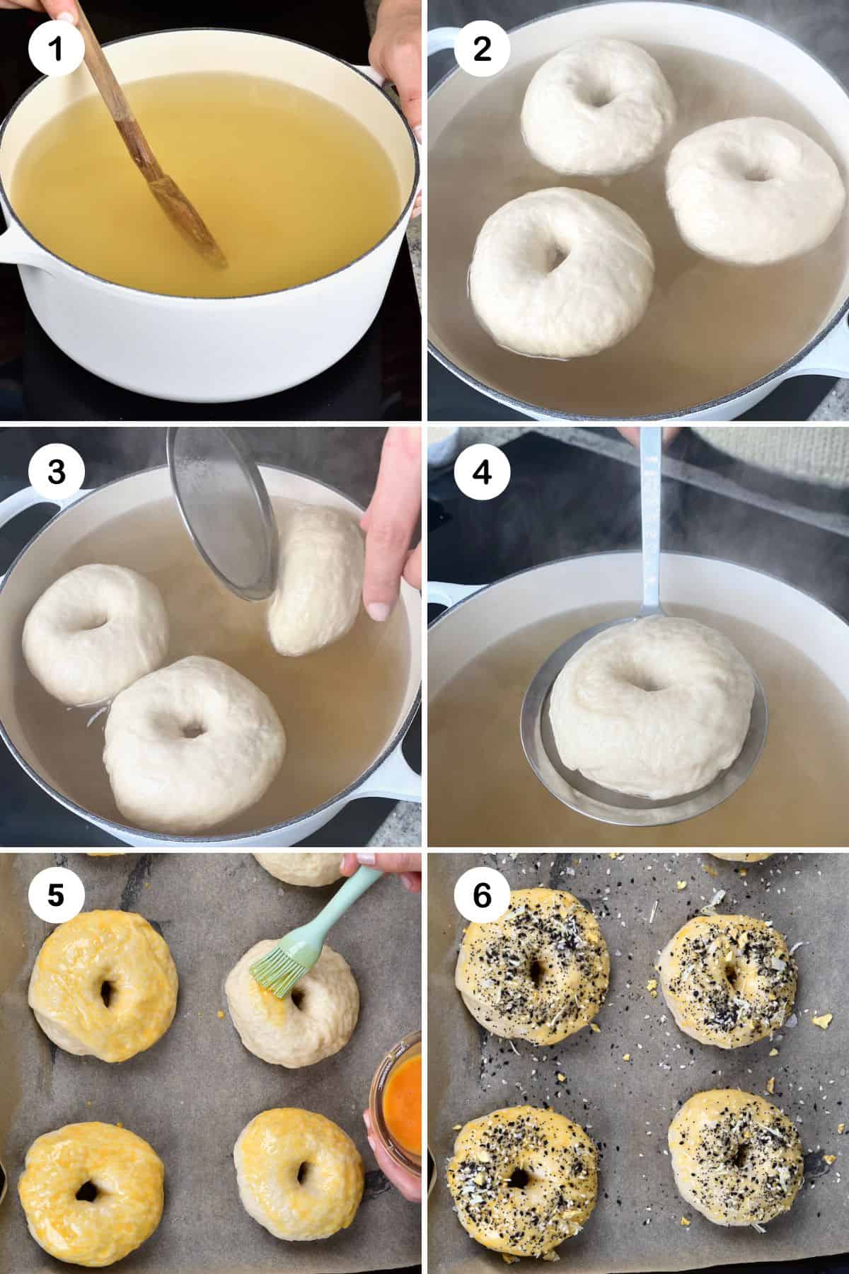 Steps for poaching and glazing bagels