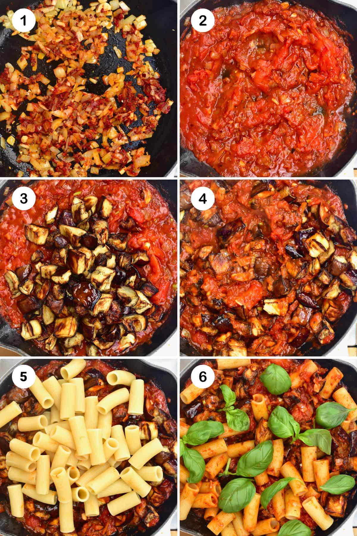Steps for preparing pasta sauce and adding pasta and eggplant