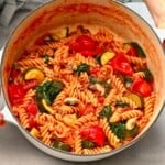 A saucepan filled with cooked pasta and vegetables - a one pot pasta dish - 18