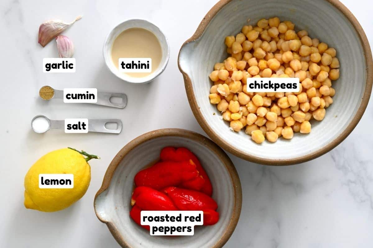 Ingredients for roasted red pepper hummus