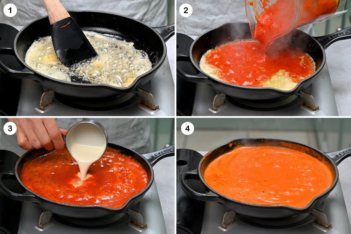Collage steps for making roasted red pepper sauce