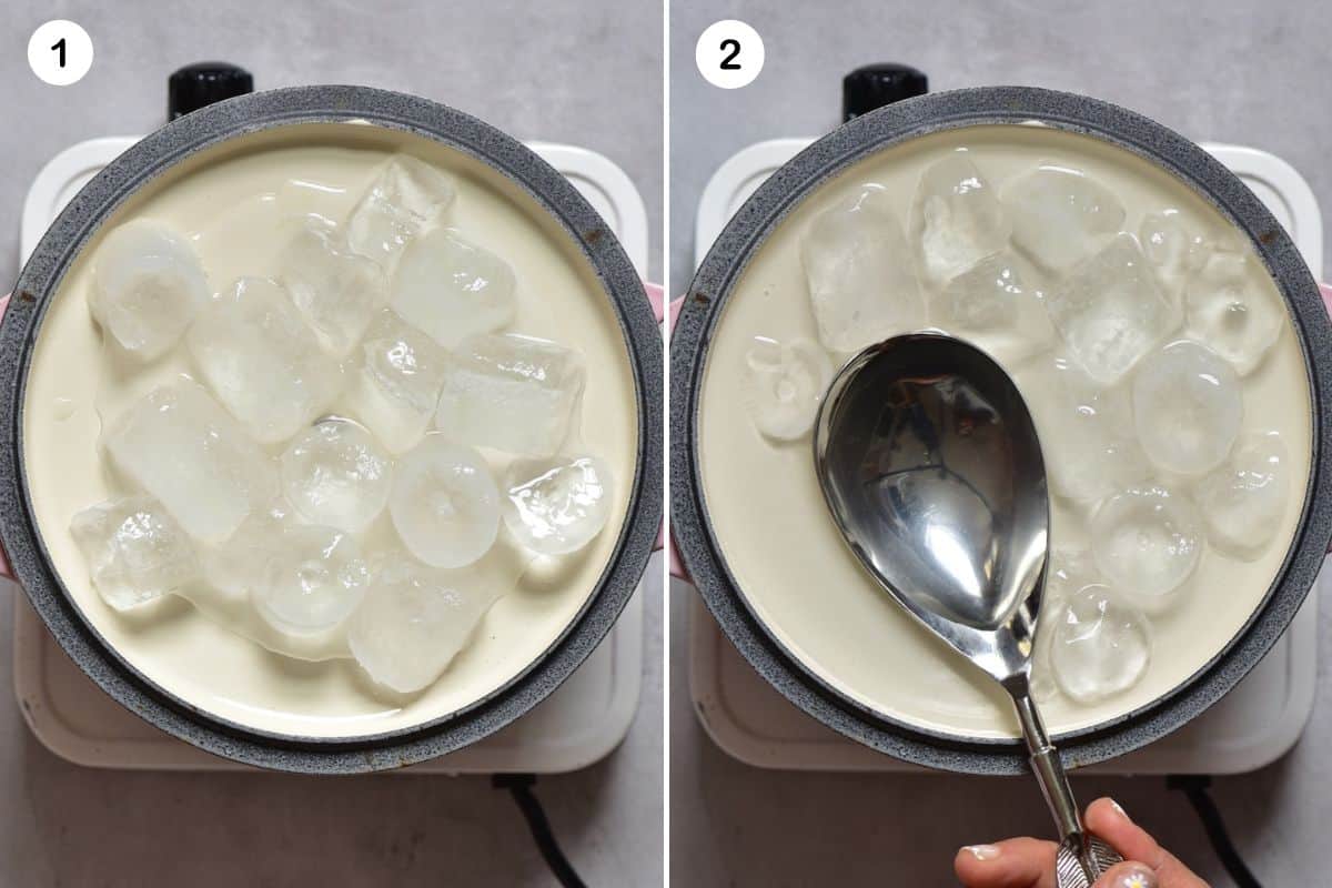 Adding ice cubes to an inverted pan lid