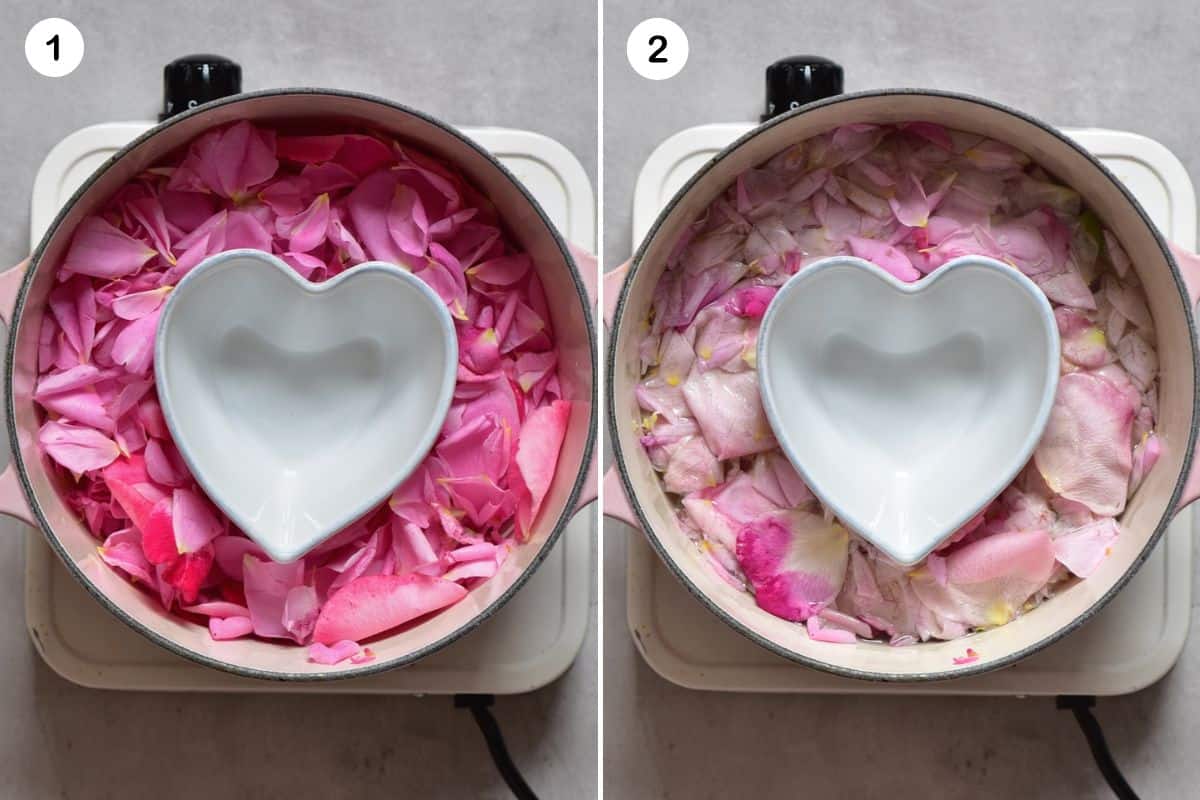 Setting up a an empty bowl in a saucepan with rose petals
