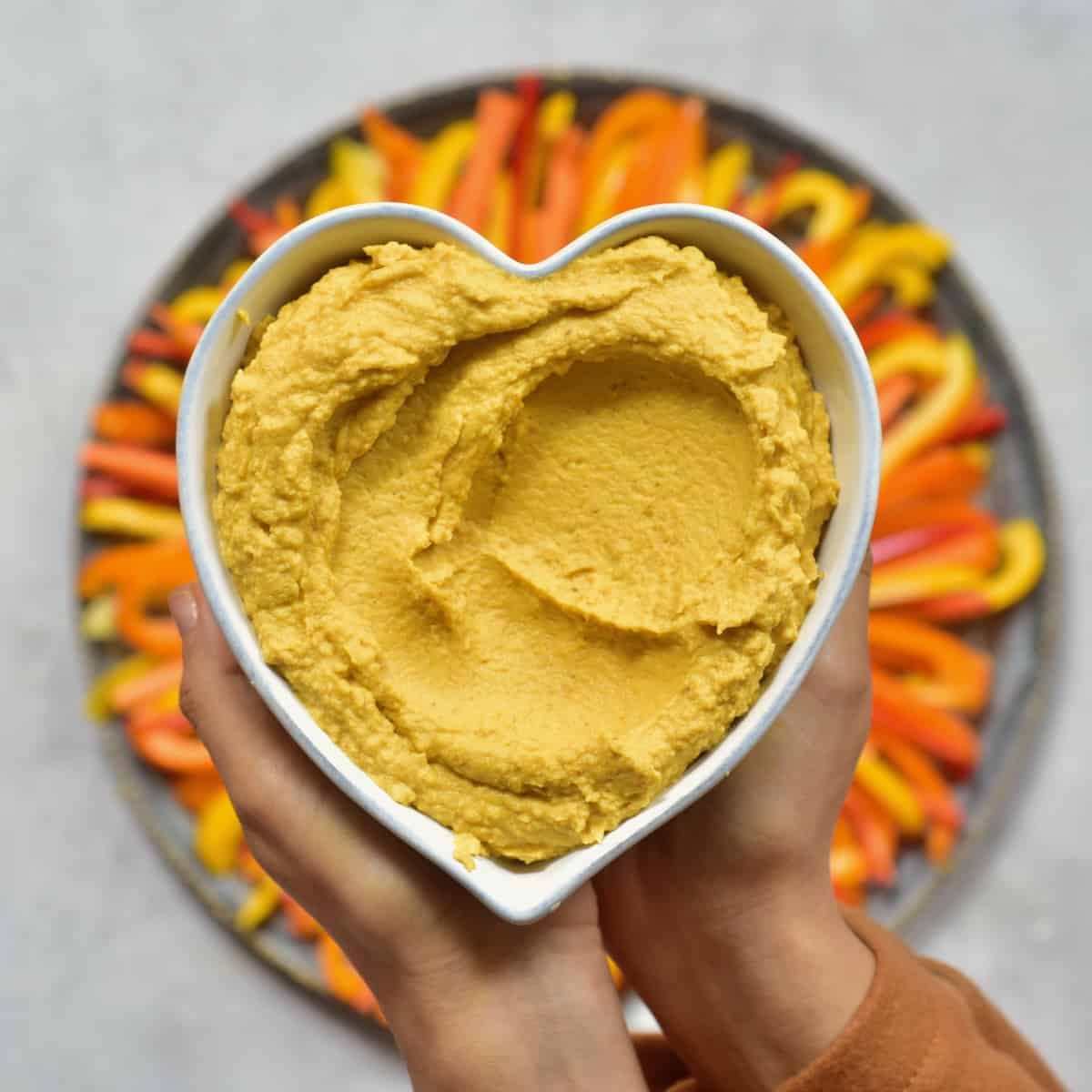 A bowl with homemade savory pumpkin hummus