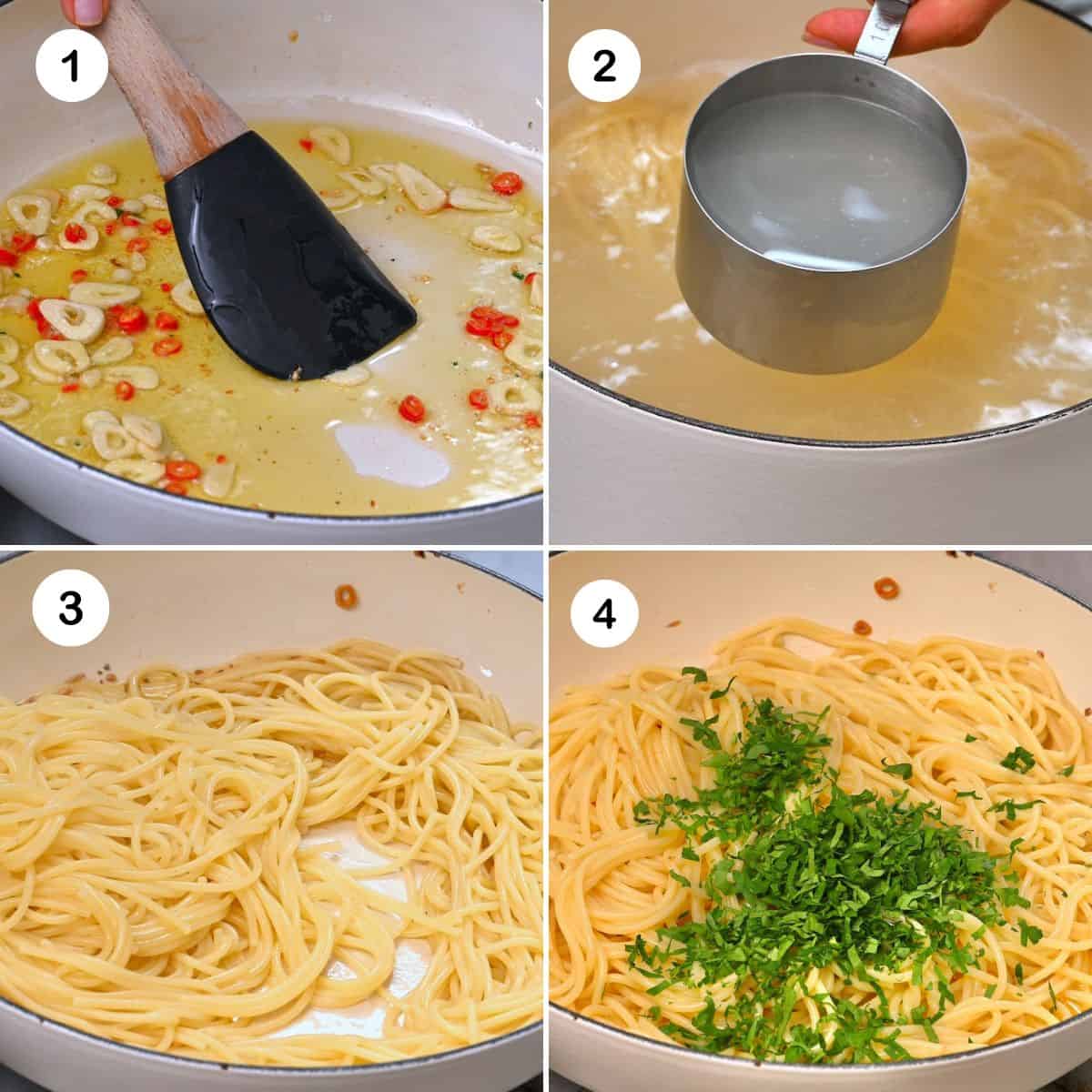 Steps for making spaghetti aglio e olio