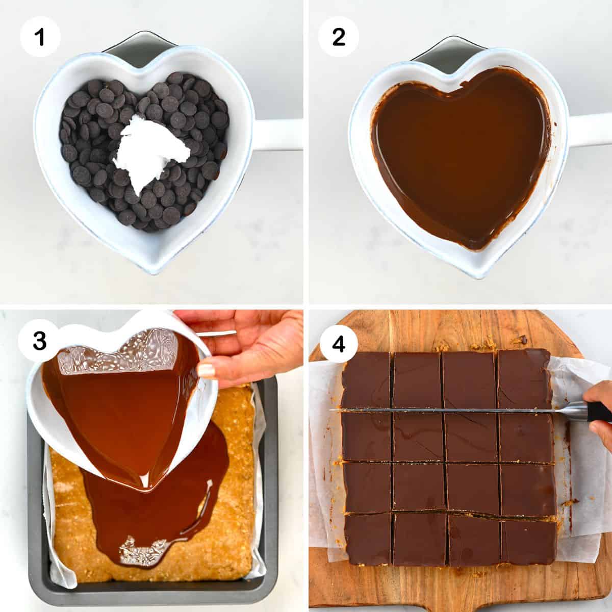 Steps for melting chocolate and covering peanut butter bars