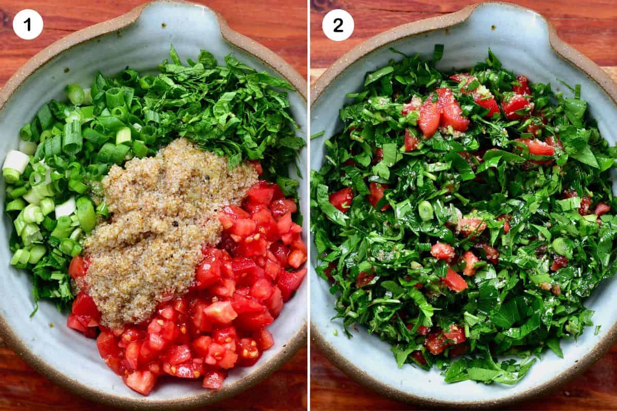 Steps for mixing tabouli salad in a bowl
